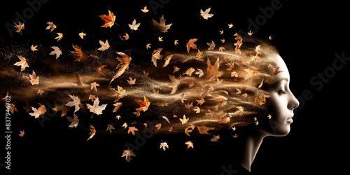 Gesicht einer Frau aus Herbstblätter kunstvoll und gestalterisch Dargestellt