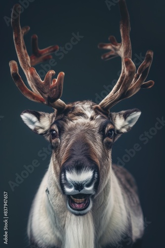 Mystic portrait of Reindeer or Caribou, copy space on right side, Anger, Menacing, Headshot, Close-up View Isolated on black background