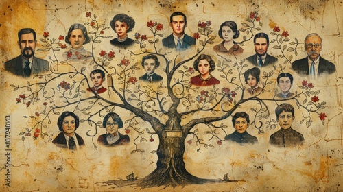 Vintage family tree illustration with multiple generations depicted, showcasing lineage and ancestry on an aged parchment background.