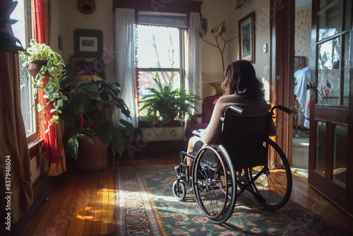 Woman in a wheelchair at home, female with mobility issues in an apartment, handicapped person near a window.