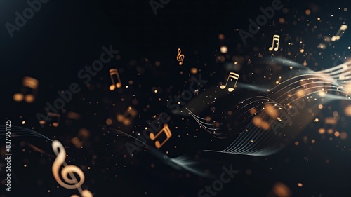 musical notes in air motion particles with bokeh light, on black background for overlay