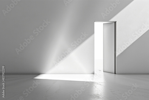 A minimalist door slightly open with a beam of bright light spilling out, illuminating the plain background. The simplicity of the scene highlights the contrast between light and shadow