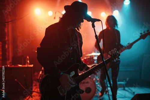 Music band group perform on a concert stage. Guitarist on stage for background, soft and blur concept. Music band performing in a recording studio