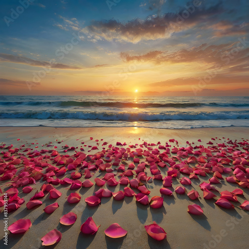 A gentle rain of vibrant rose petals, shimmering with the celestial glow of twilight stars, descends upon the serene beach.
