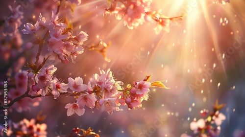 Branch of sakura flowers with sunlight streaming through