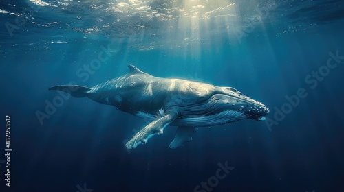 Majestic blue whale swimming with a calf in the deep blue ocean, viewed from below with sun rays filtering through the water