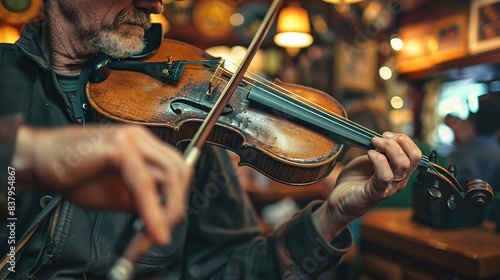 Musician playing violin in Irish pub, trad music session