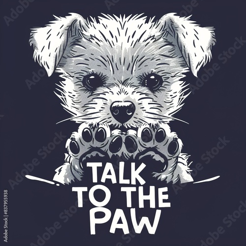 t-shirt vector. white outline of cute puppy holding paw with text talk to the paw