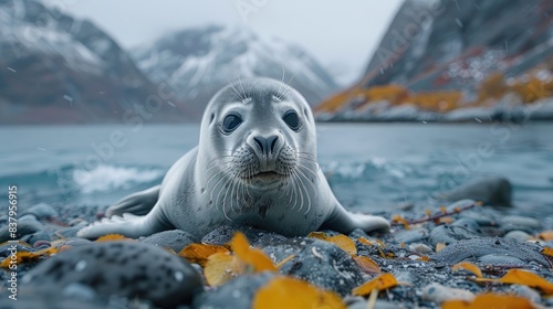 A playful seal pup resting on a rocky shore with waves crashing in the background during a cloudy day