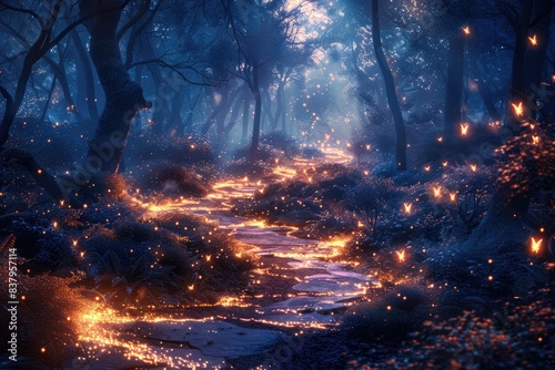 A dramatic nighttime scene featuring a firefly swarm illuminating a dark forest path, ethereal glow casting shadows