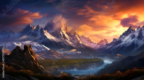 Fantastic panorama of the mountains at sunset. Panorama