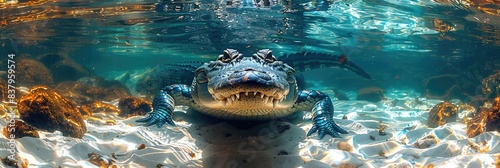 A panoramic view of a crocodile lurking just below the waters surface, eyes and scales detailed under clear, still water