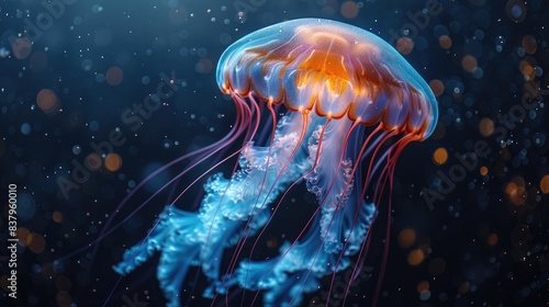 A close-up of a jellyfish with luminescent tentacles drifting elegantly in a deep blue ocean, highlighting its intricate patterns