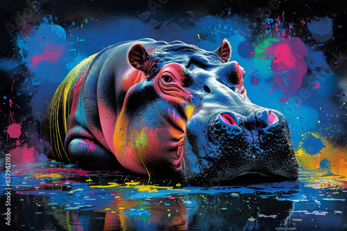 hippo in neon colors in a pop art style