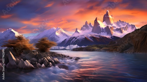 Mountain landscape panorama at sunset, Torres del Paine National Park, Chile