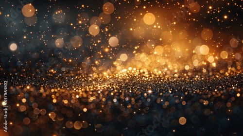 A photograph of a black background with sparkling golden bokeh lights and glitter