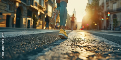 A woman runs down a city street with a yellow shoe. The street is busy with cars and pedestrians