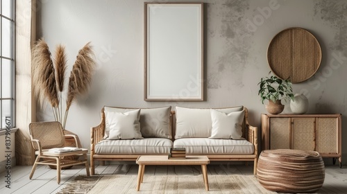 A modern living room featuring a rattan sofa and armchair, pampas grass, and a wooden coffee table