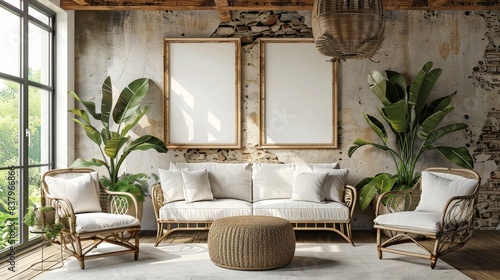 A living room with rattan furniture, two empty frames, and plants