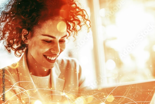 A woman with curly hair is smiling while looking at a laptop. Concept of happiness and productivity, as the woman is working or studying on her computer. The bright orange background adds a warm