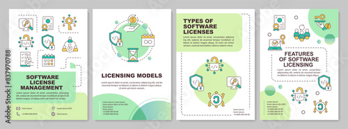 Software licenses models green circle brochure template. Leaflet design with linear icons. Editable 4 vector layouts for presentation, annual reports. Arial-Bold, Myriad Pro-Regular fonts used