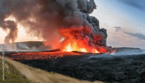 Explosion border with dark smoke and red lava. Generative AI 