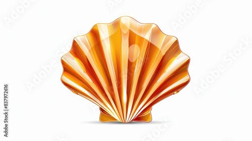 A single orange seashell sitting on a clean white surface