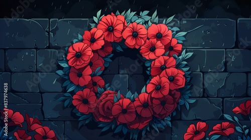 Red poppies wreath on a stone wall background. Symbol of remembrance.