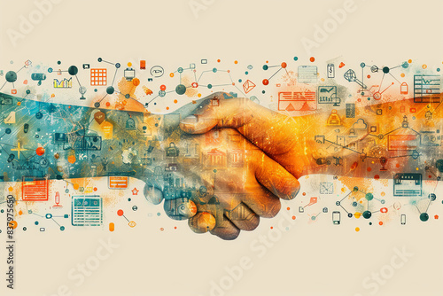 Partnership development and startup funding with Design a flat design concept showing startup founders negotiating strategic partnership deals and securing funding, with detailed handshake, contract,