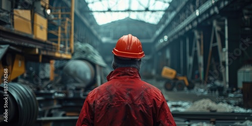 A person wearing a hard hat works in a busy industrial setting