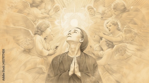 Mystical vision of Saint Gemma Galgani in deep prayer, angels and divine light, beige background, Biblical Illustration, copyspace