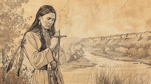 Devotion of Saint Kateri Tekakwitha in deep prayer, holding a cross. Simple Native American attire, serene expression, peaceful natural setting. Biblical Illustration, Beige Background, copyspace.