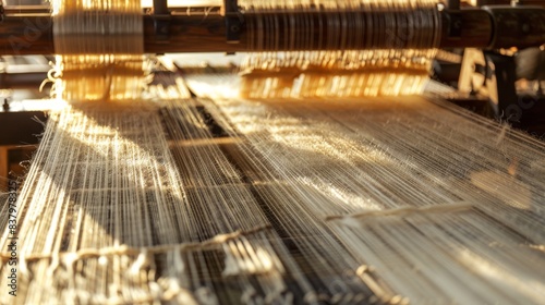 a close-up of a weaving machine warp threads running vertically