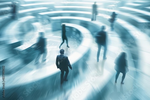 rushing to success anonymized businesspeople navigate corporate labyrinth blurred motion abstract