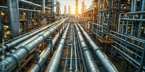 Steel pipes in an industrial zone within a petrochemical oil refinery. Concept Industrial Zone, Petrochemical Refinery, Steel Pipes, Oil Industry, Manufacturing