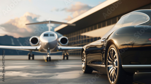 private jet plane on the ground and luxury car for rich person 