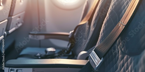Close-up of airplane seatbelt on an empty seat, focused, no humans, soft morning light