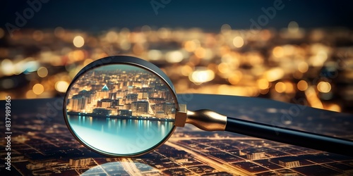 Using a magnifying glass to improve SEO for increased website traffic and ranking. Concept SEO Strategies, Website Traffic, Ranking Improvement, Magnifying Glass Analogy