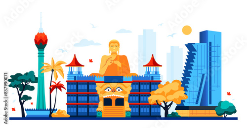 Antiquity and modernity of Sri Lanka - colored vector illustration with golden buddha statue, Dambulla Golden Temple and Colombo Lotus Tower. Cityscapes and national landmarks, asia travelling idea