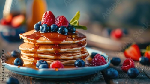 Pancakes with fresh berries and caramel on wooden table.