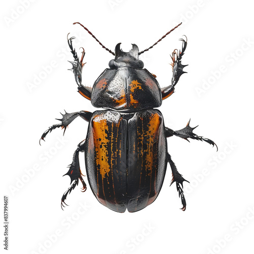 Close-up of a glossy, black and orange beetle with detailed texture on a white background. Perfect for entomology and insect studies.