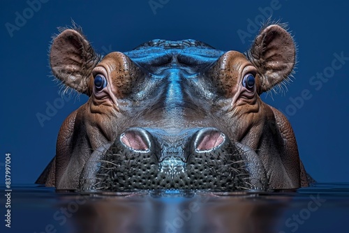 A close-up shot of a hippopotamuss ear peeking out of the water. The animals eye and nostril are also visible, creating a mysterious and captivating image.