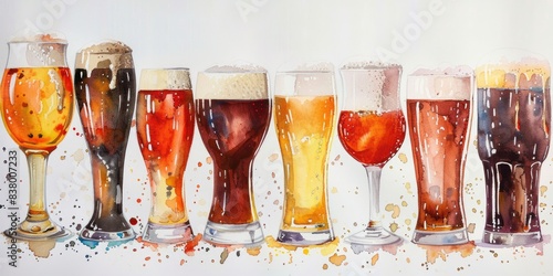 Watercolor Beer Variety Set. Craft Ales and Pint Glasses in Pub Bar Scene