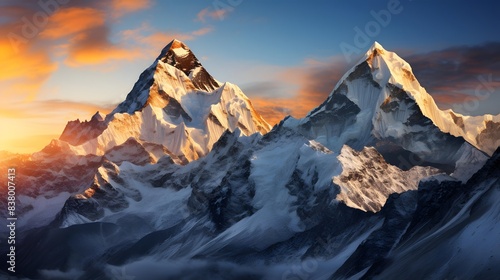 Panorama of Mount Everest at sunset, Khumbu valley, Nepal