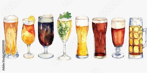 Watercolor Illustration of Various Beer Types in Pub Setting
