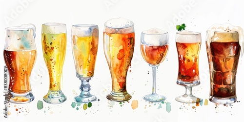 Watercolor Illustration of Various Beer Glasses and Mugs. Bar and Pub Concept