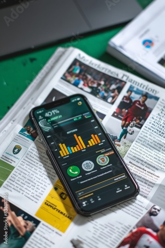 Betting on sports. Phone with graphs and diagrams forecasting football match outcomes on sports newspapers on table. Demonstration of betting calculations. Game, events, analysis, analytics.