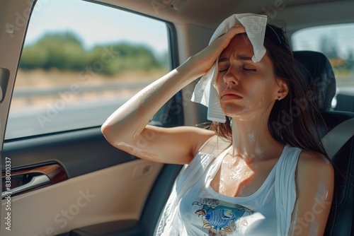 Girl driver being hot during heat wave in car, suffering from hot weather, has problem with a non-working air conditioner, wipes sweat from her forehead with tissue. Summer, heat concept 