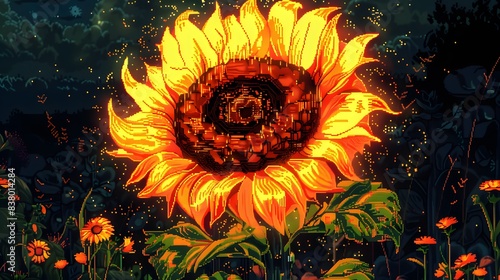 Bright yellow sunflower in a field with fiery orange petals, like a flower burning in the summer sun