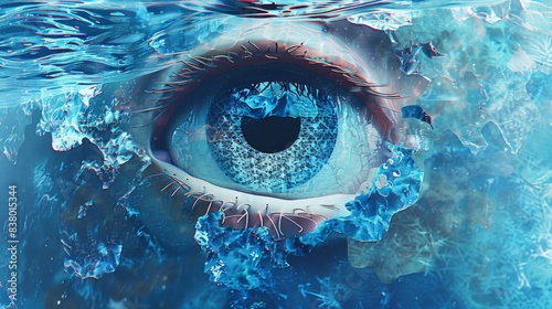 A blue eye with a reflection in the water